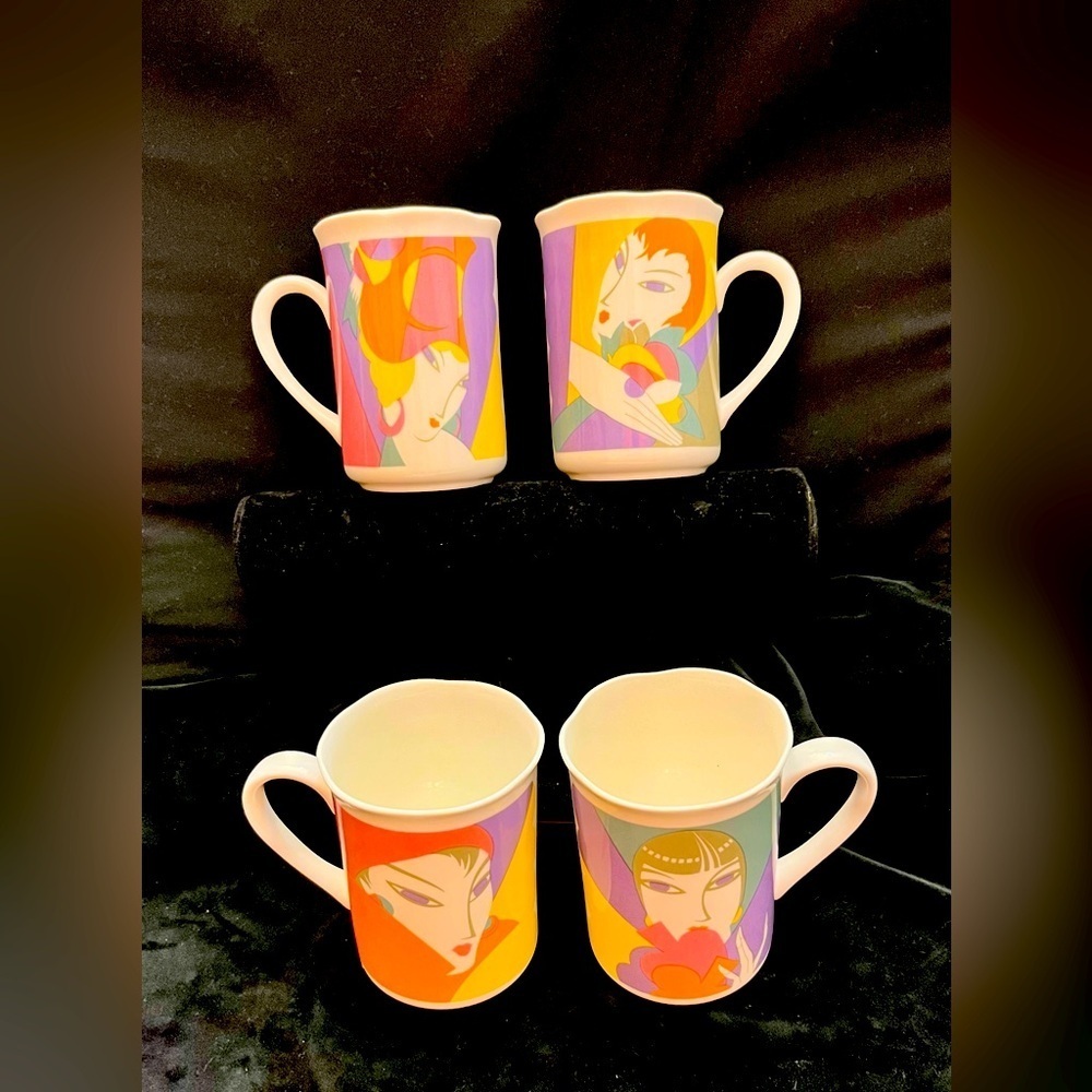 NEW 1986 Larry Laslo Sango "Visage" Art Deco Bone China Mugs Set of 4 + Box VTG